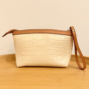 Cavalcanti‎ Leather Croc-Embossed Wristlet Clutch Made in Italy Cream and Tan